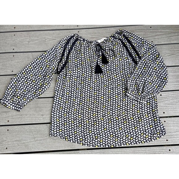 Vince Camuto Black White Yellow Shirt Size L Lace Detail And Drawstrings Tassels - Picture 2 of 16